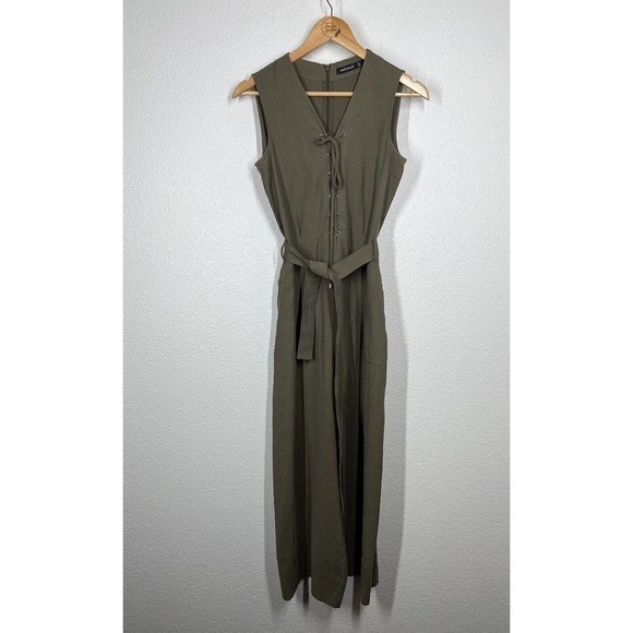 Karen Millen Utility Jumpsuit Size 4 Olive Green Lace Up Crop Wide Leg - Picture 2 of 8